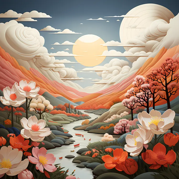 Colorful Landscape with Mountains and Flowers
