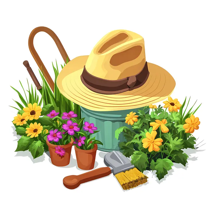 Gardening Tools and Hat with Colorful Flowers