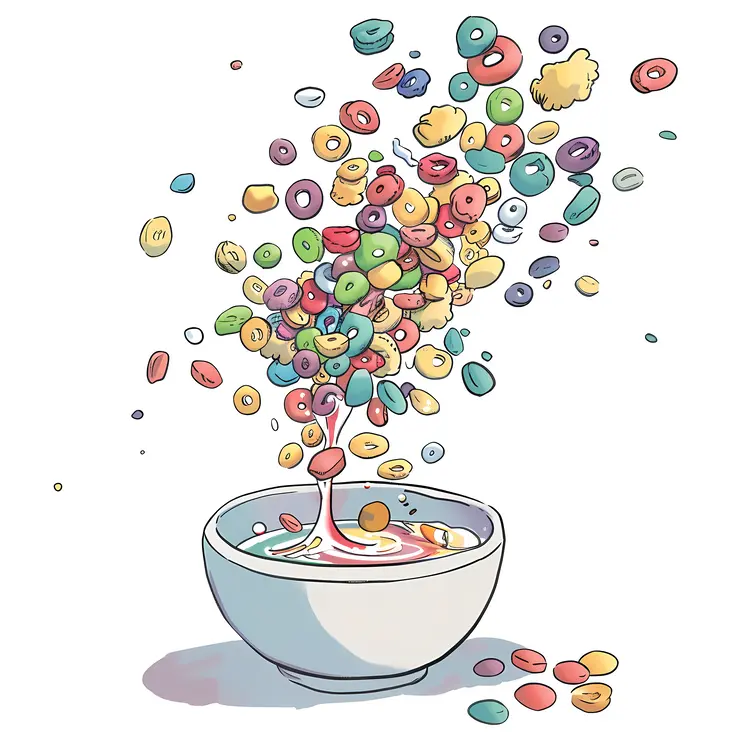 Colorful Cereal Pouring into Bowl with Milk