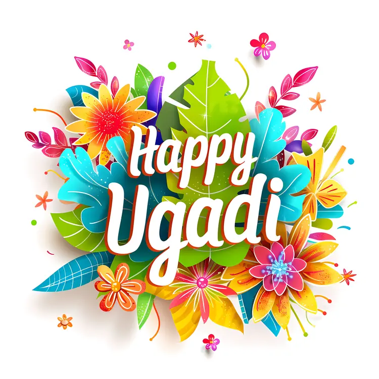 Colorful Happy Ugadi Greeting with Flowers and Leaves