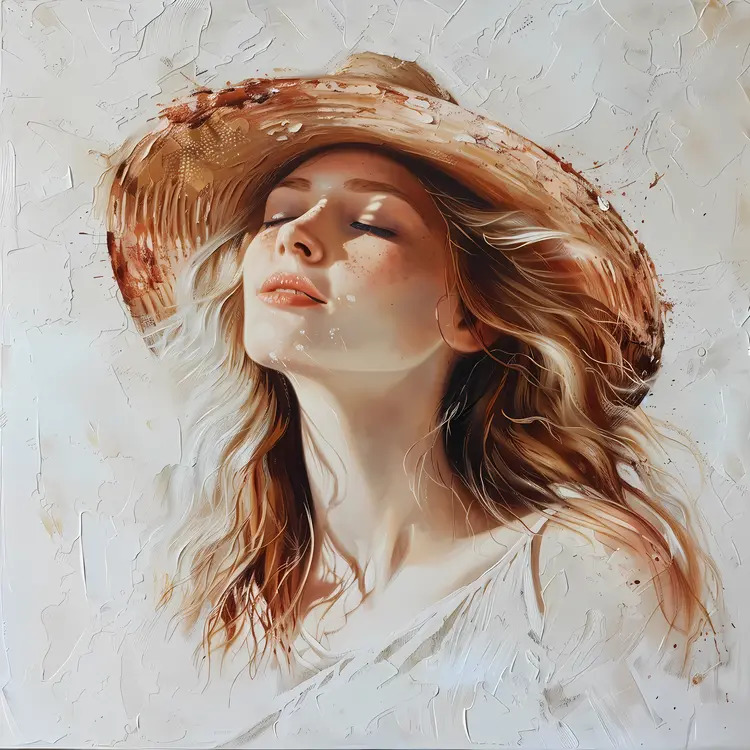 Woman in Straw Hat with Textured Background