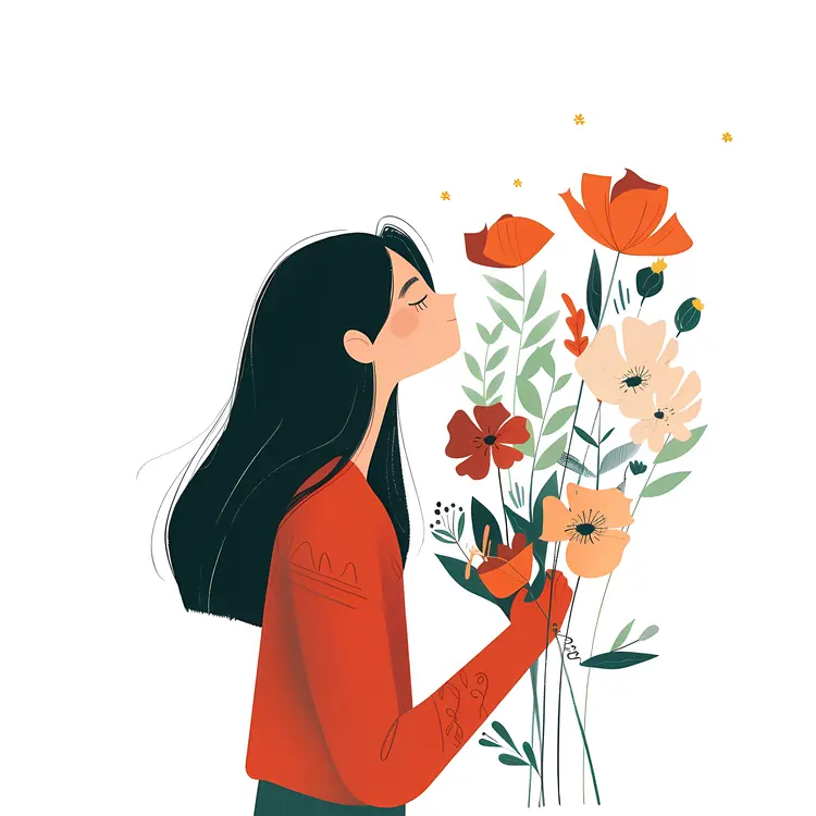 Girl Smelling Flowers Illustration