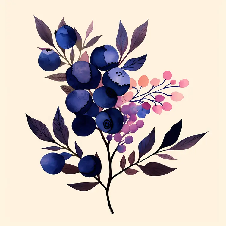 Watercolor Blueberries with Leaves