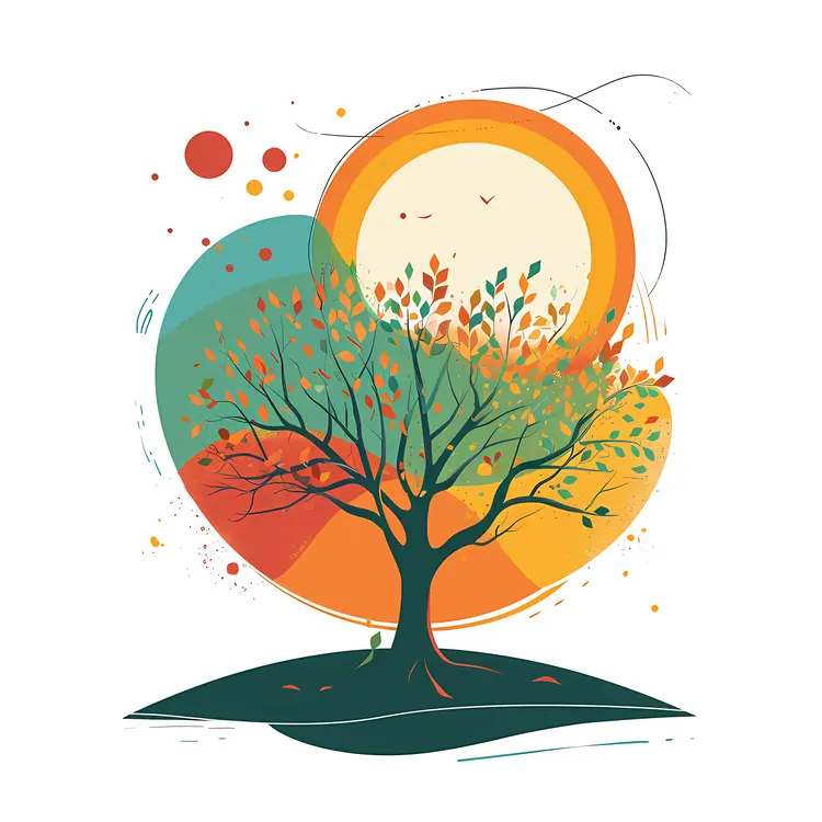 Abstract Tree with Sun and Leaves