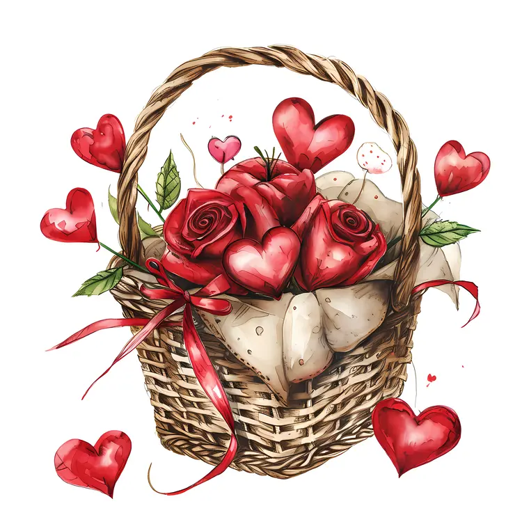 Hearts and Roses in Wicker Basket for Valentine's Day