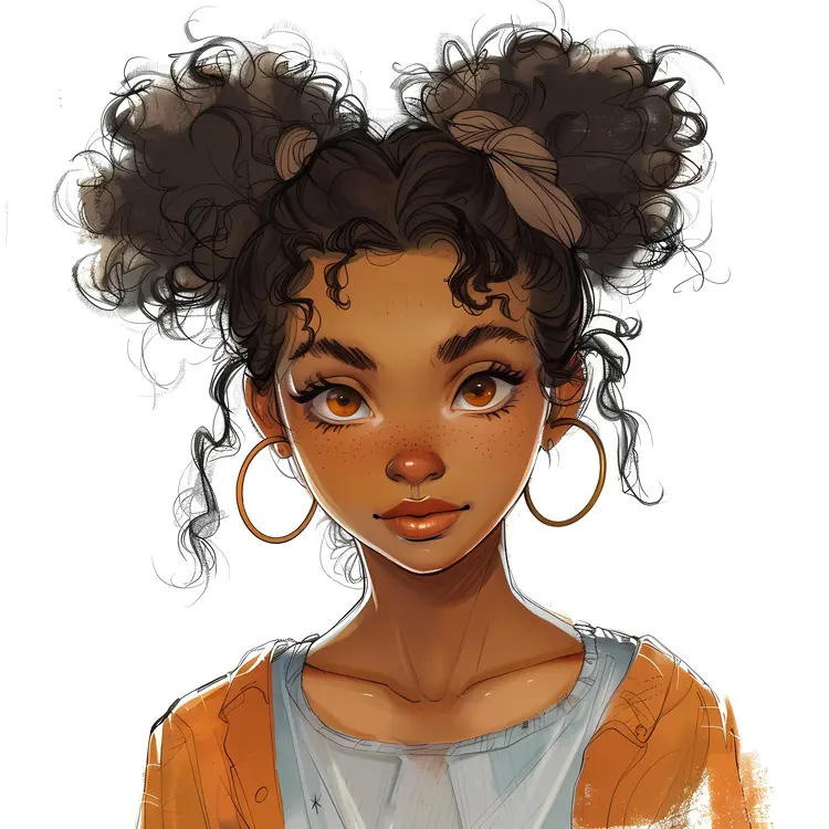 Cute Girl with Curly Hair and Hoop Earrings