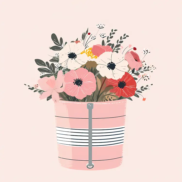 Pink and Red Flowers in a Striped Bucket