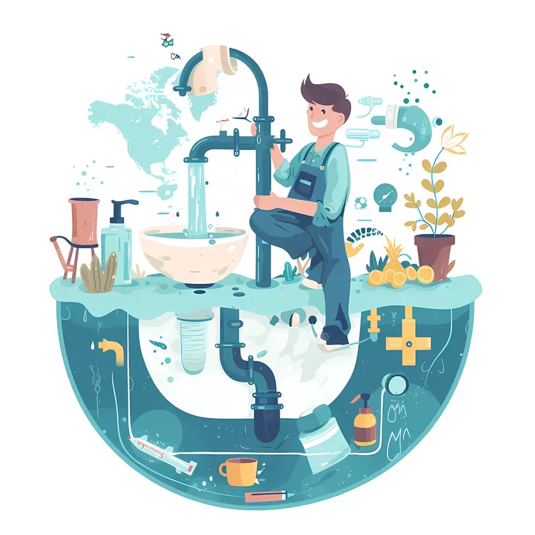 Cartoon Plumber Fixing Sink
