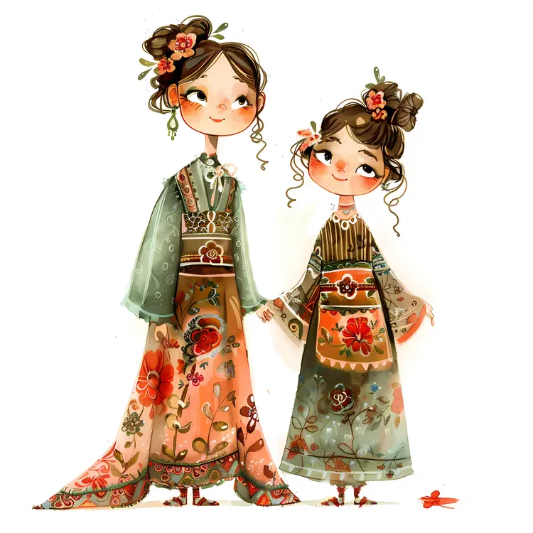 Girls in Traditional Dresses Illustration