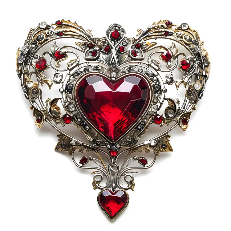 Silver Heart Brooch with Red Gem