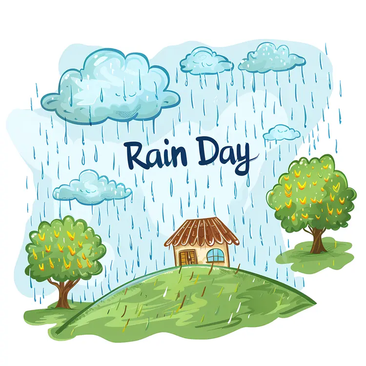 Cute Rain Day Illustration with House and Trees