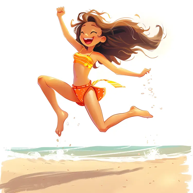 Girl Jumping on Beach Illustration