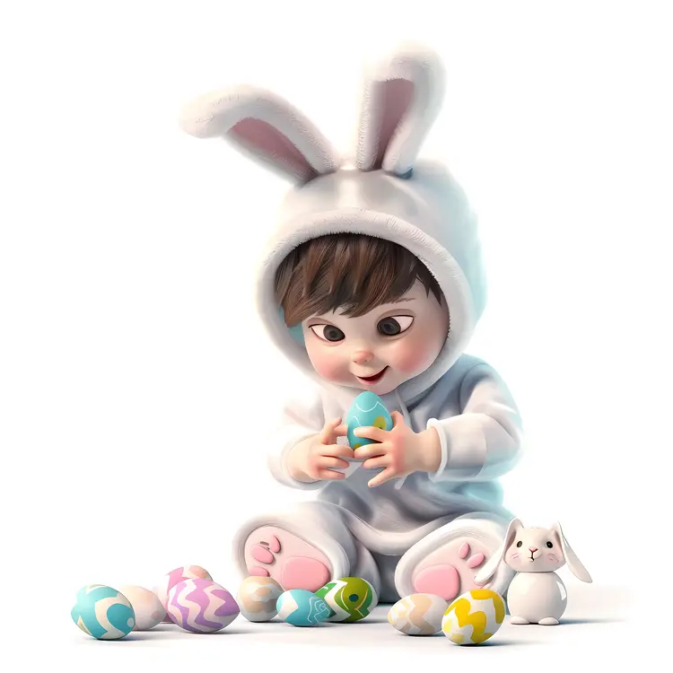 Cute Baby in Bunny Costume with Easter Eggs