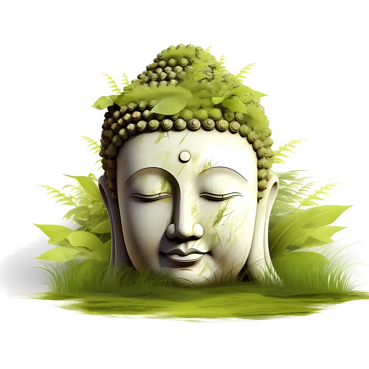 Tranquil Buddha Head with Ferns