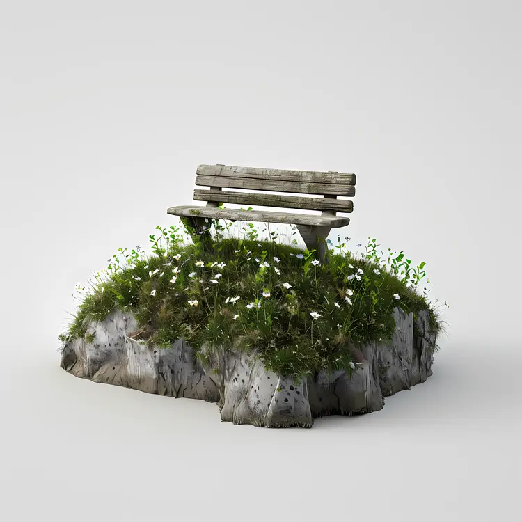 Wooden Bench on Rock with Flowers
