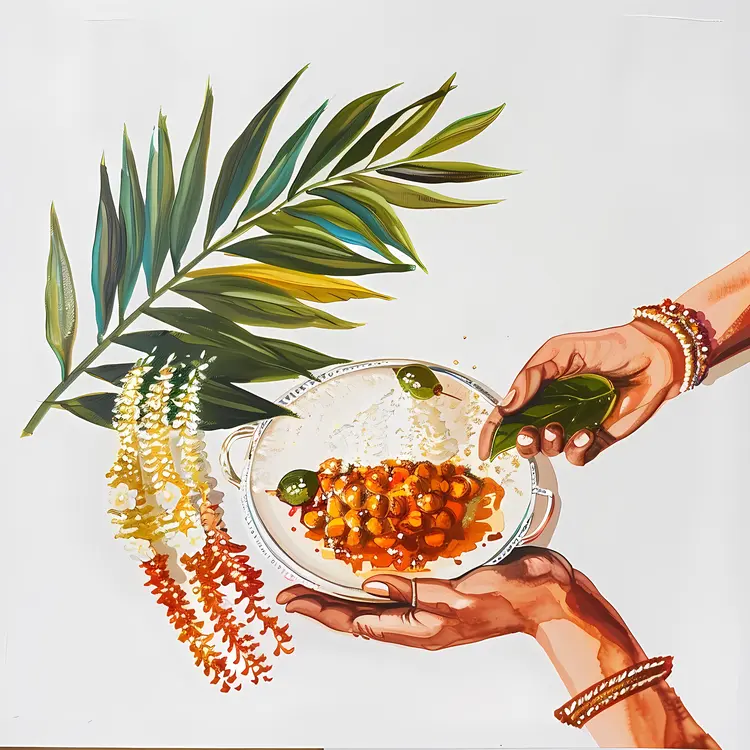 Hands Serving Traditional Food with Leaves