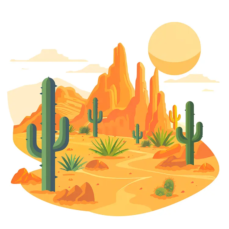 Desert Landscape with Cactus and Sun