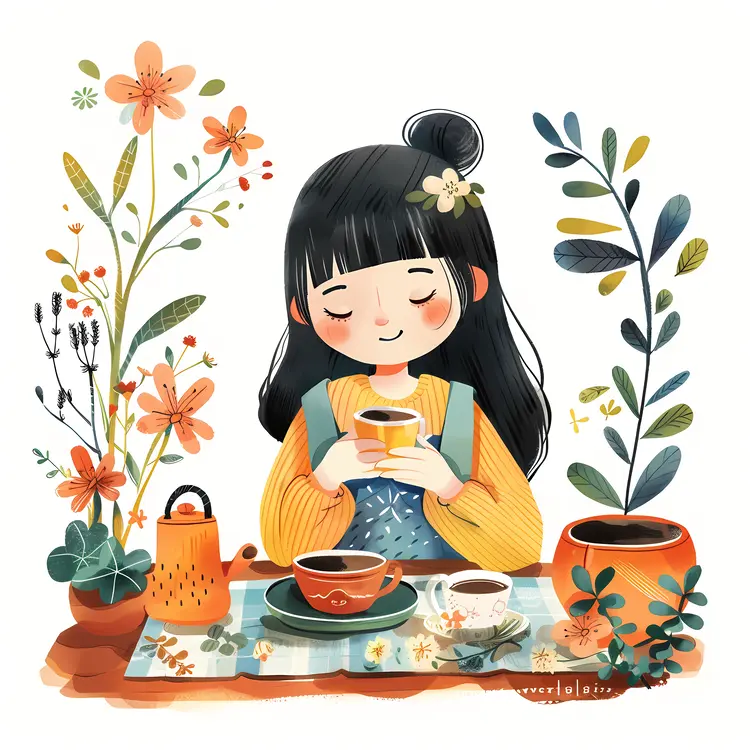 Girl with Black Hair Enjoying Tea in a Garden