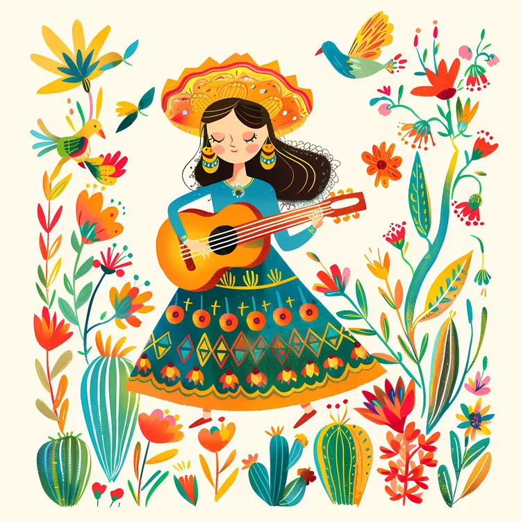 Woman Playing Guitar with Sombrero