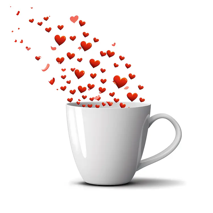White cup with floating hearts