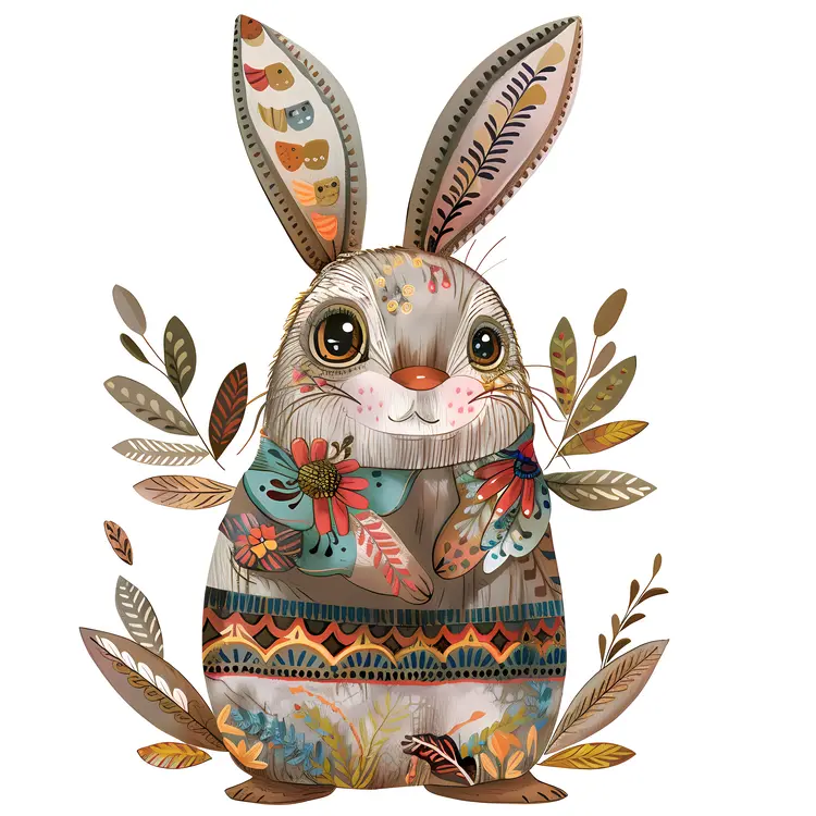 Colorful Patterned Rabbit with Leaves