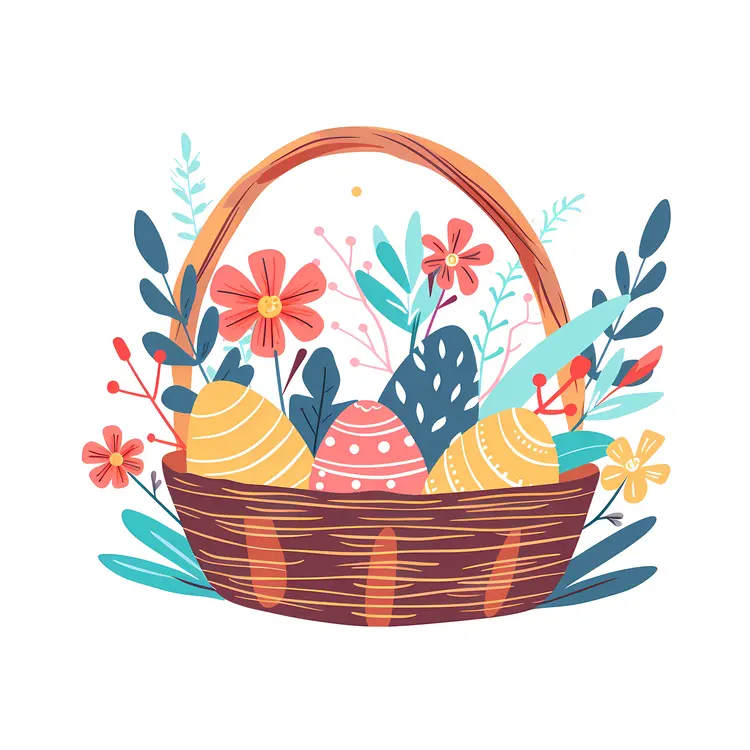 Colorful Easter Basket with Eggs and Flowers