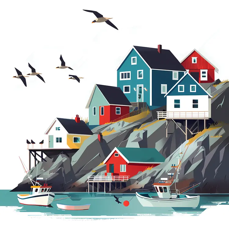 Seaside Village with Boats and Birds