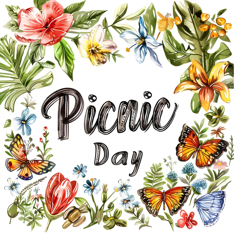 Picnic Day Typography with Flowers and Butterflies