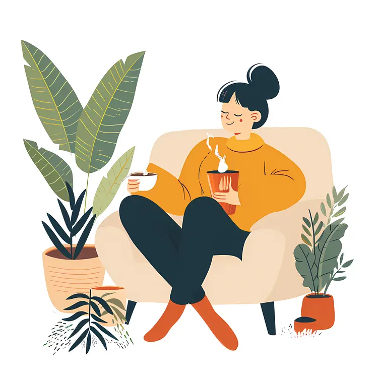 Woman Relaxing with Hot Drink and Plants