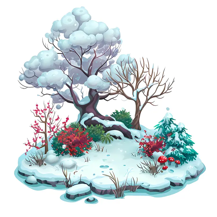 Snowy Landscape with Trees and Red Bushes