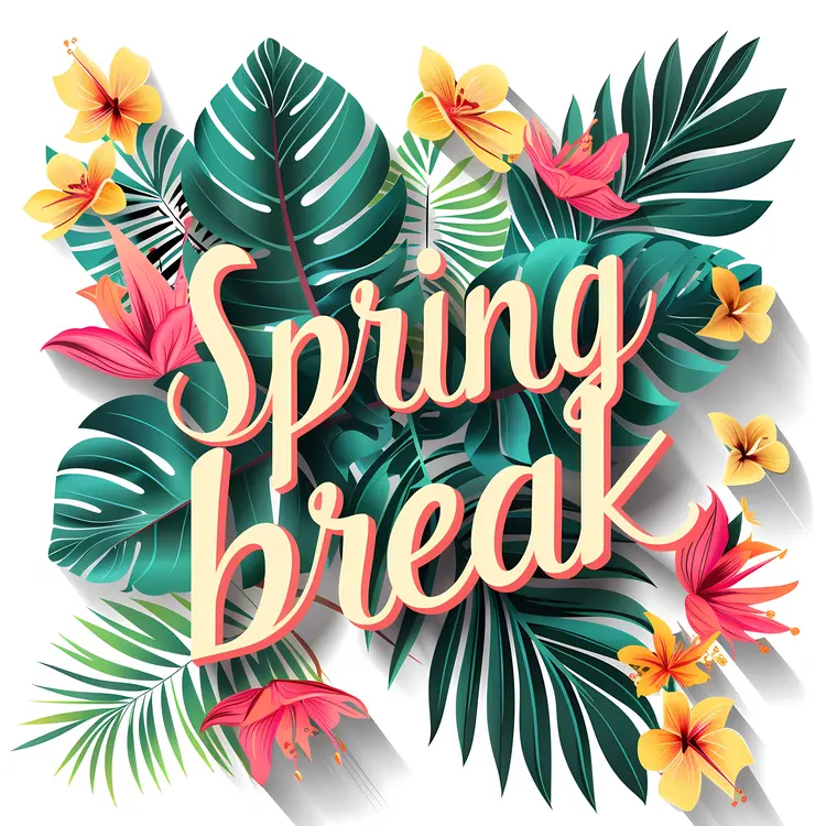 Tropical Spring Break Text with Leaves and Flowers