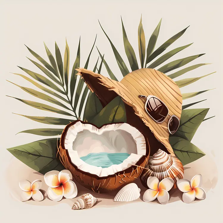 Coconut with Hat and Sunglasses on Beach