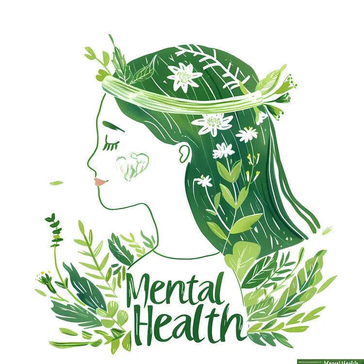 Mental Health Illustration with Green Leaves and Flowers
