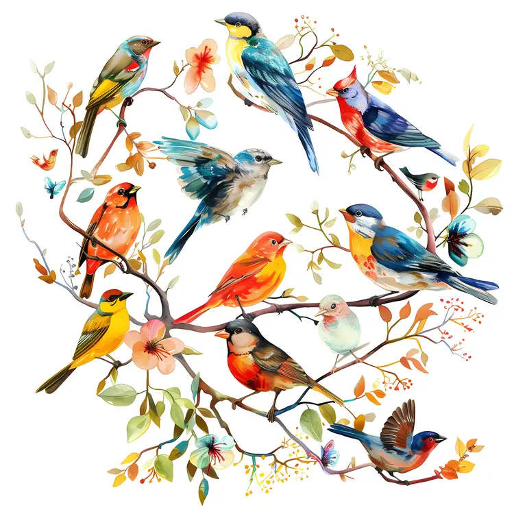 Colorful Birds on Flowering Branches