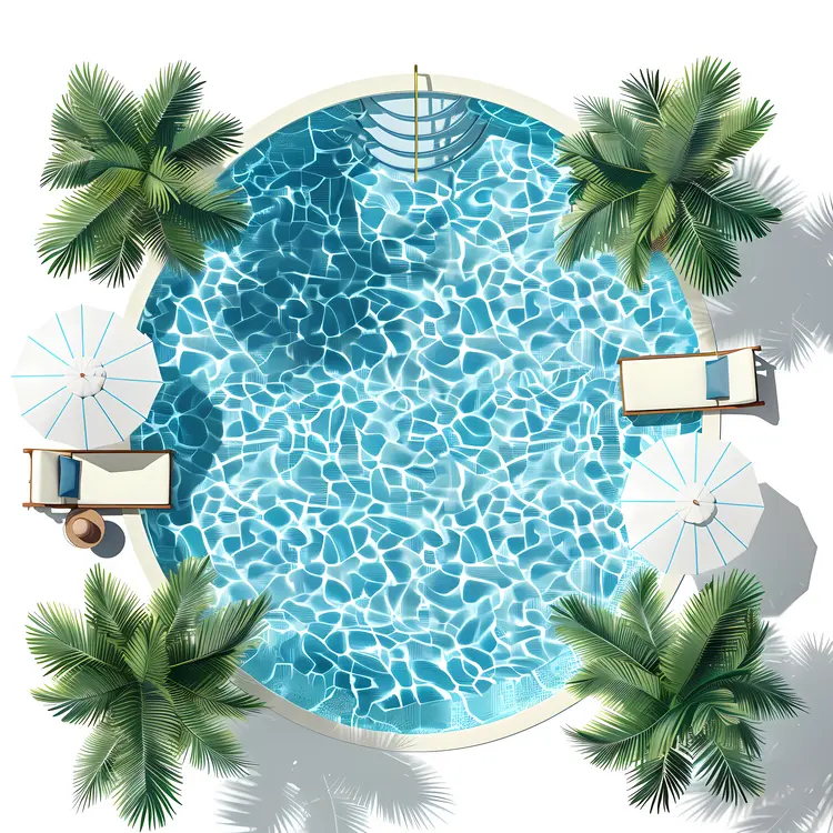 Round Pool with Palm Trees and Sunbeds