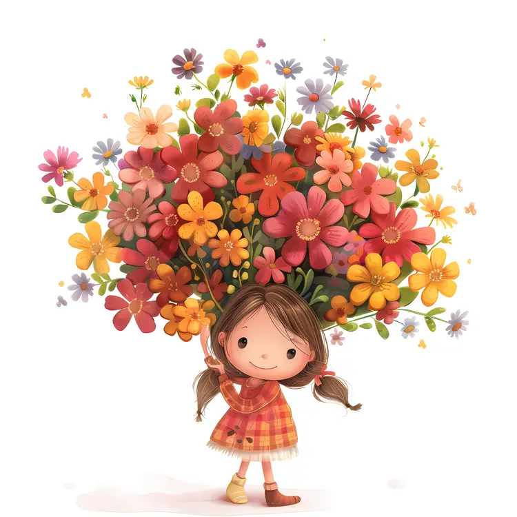 Cute Girl with Colorful Flowers Illustration