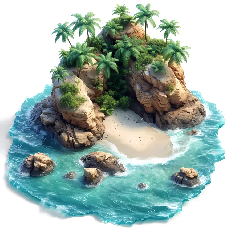 Small Tropical Island with Palm Trees and Rocks
