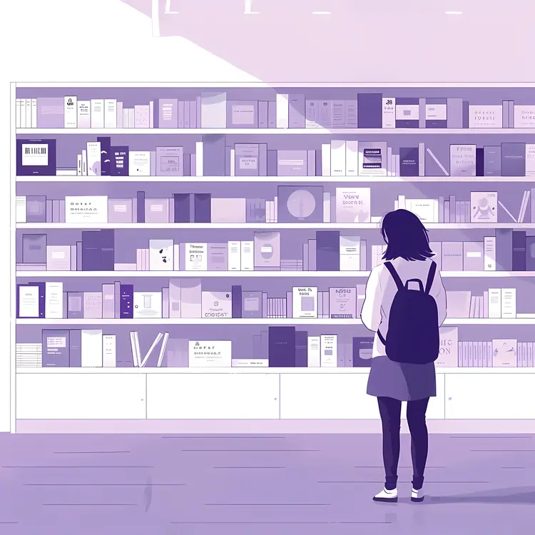 Girl with Backpack in Front of Bookshelf