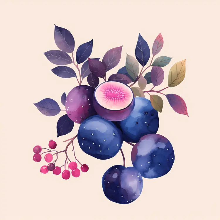 Watercolor Blueberries with Leaves