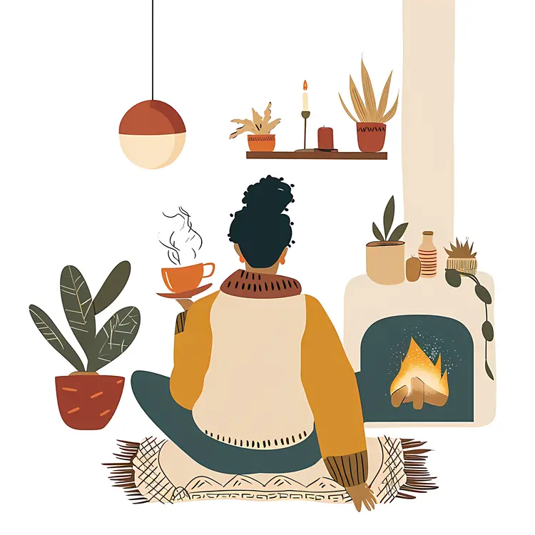 Cozy Indoor Scene with Fireplace and Plants