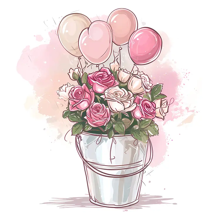 Pink and White Roses with Balloons in a Bucket