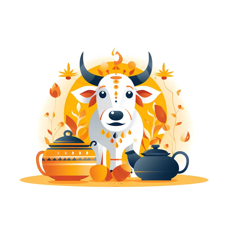 Decorative Cow with Clay Pots and Teapot