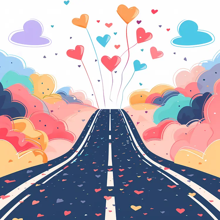 Heart Balloons Floating Above a Road