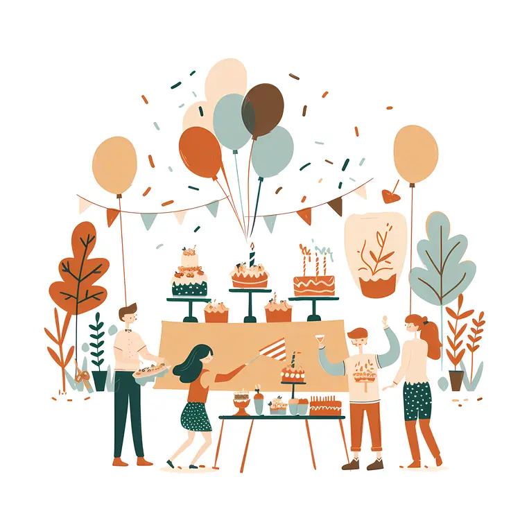 Family and Friends at a Birthday Party with Cake and Balloons