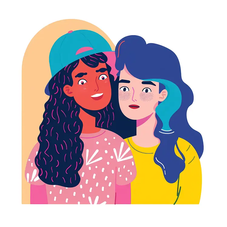 Two Girls with Colorful Hair and Hats