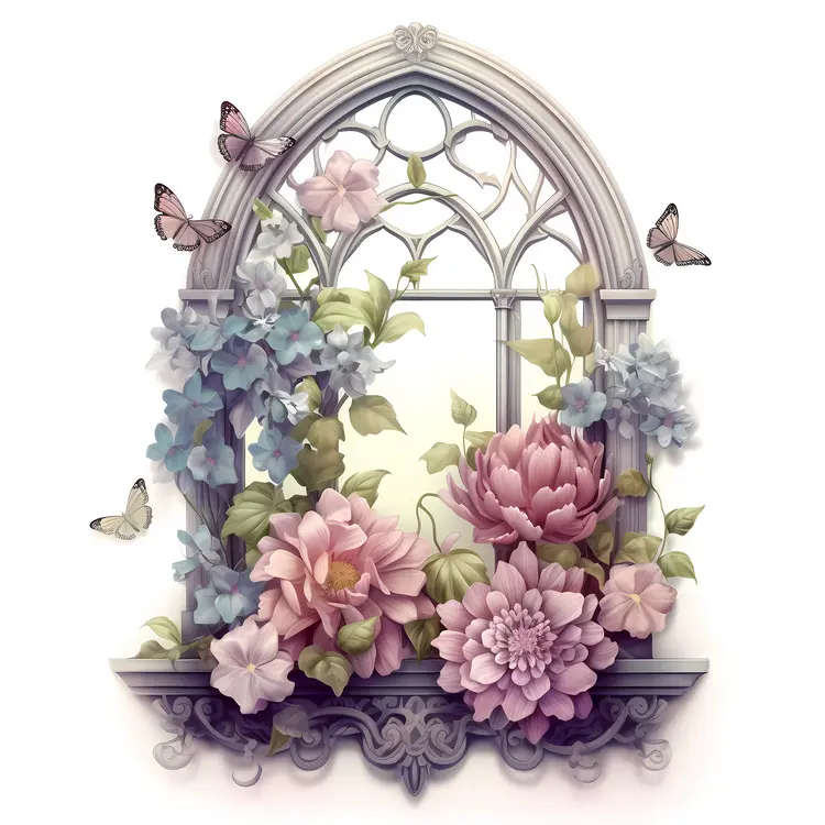 Butterfly and Flowers in a Gothic Window with Multiple Butterflies