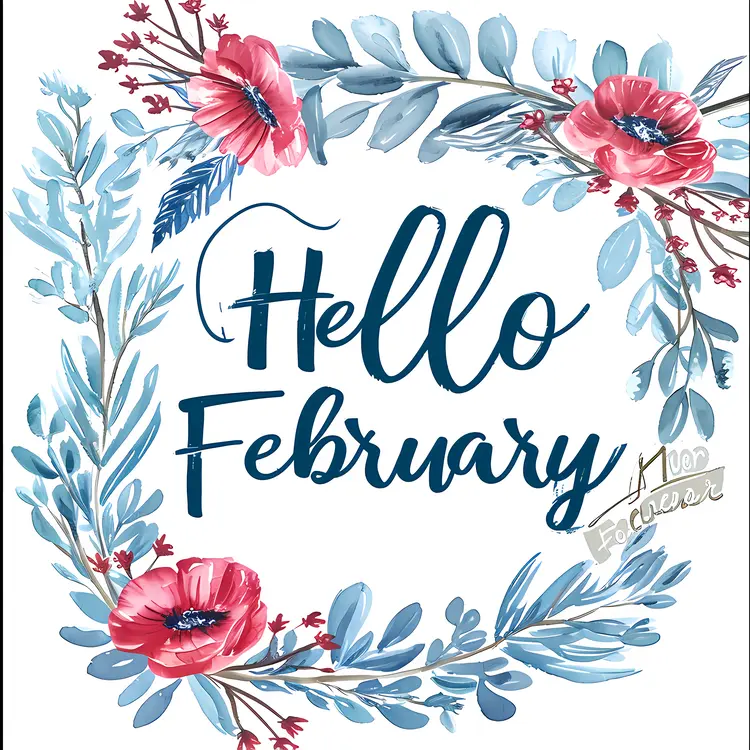 Hello February with Flowers and Leaves