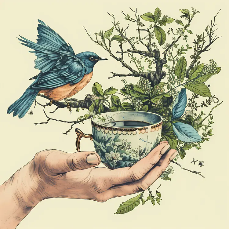 Blue Bird with Teacup in Hand