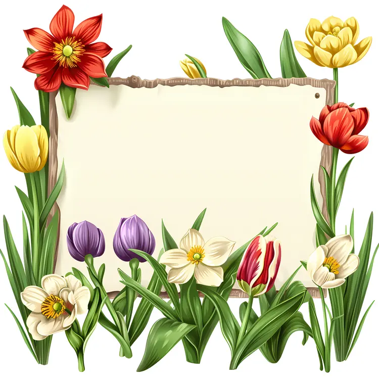 Wooden Frame with Colorful Spring Flowers