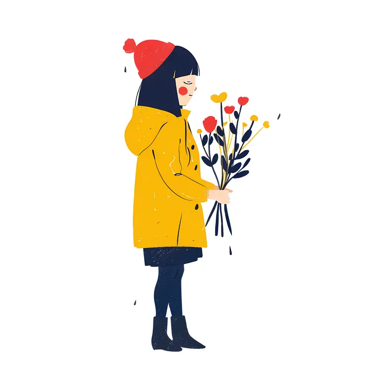 Girl Holding a Bouquet of Flowers in Yellow Coat